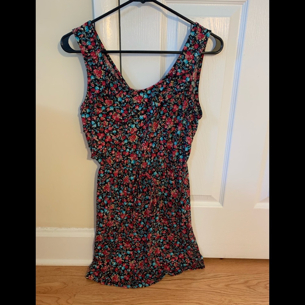 Black, turquoise and pink floral mini dress